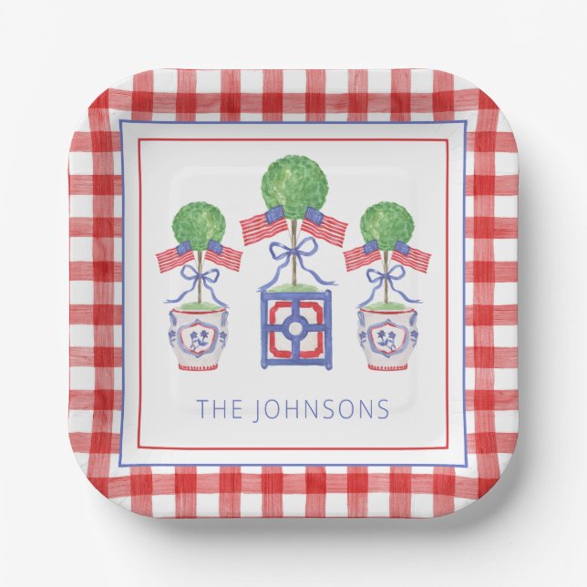 Watercolor Patriotic American Flag Topiary Paper Plate (Front)