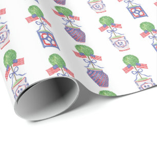 Watercolor Patriotic American Flag Topiary Wrapping Paper