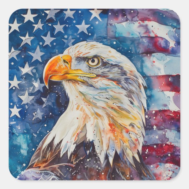 Watercolor Patriotic Bald Eagle American flag Square Sticker (Front)