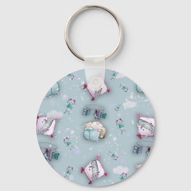 Watercolor pattern cute sleeping kittens and their key ring (Front)