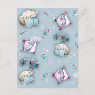 Watercolor pattern cute sleeping kittens and their postcard