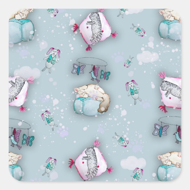 Watercolor pattern cute sleeping kittens and their square sticker (Front)