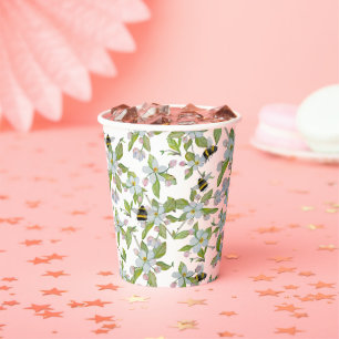 Watercolor pattern garden blooms and bumblebees paper cups