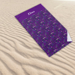Watercolor pattern green leaf name purple beach towel