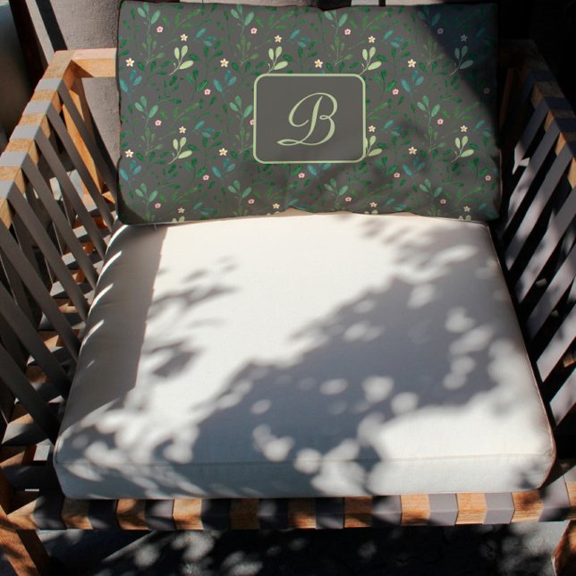 Watercolor pattern leaves monogram lumbar pillow (Creator Uploaded)