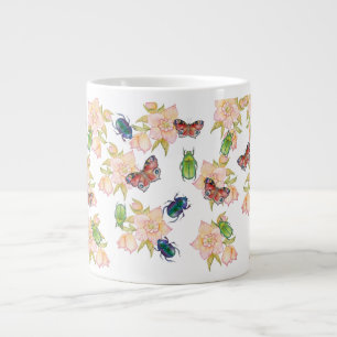 Watercolor pattern of beetles and butterflies large coffee mug