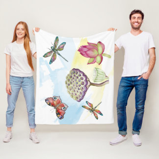 Watercolor pattern of dragonflies and butterflies fleece blanket