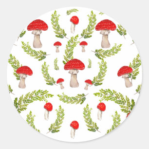 Watercolor pattern of fly agarics and fern coaster classic round sticker