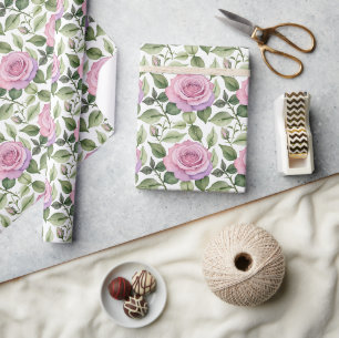 Watercolor Pattern Of Pink And Lavender Roses Wrapping Paper