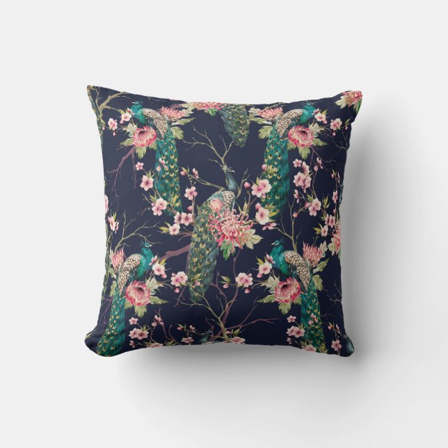 watercolor pattern peacock on a tree cherry,flower cushion (Front)