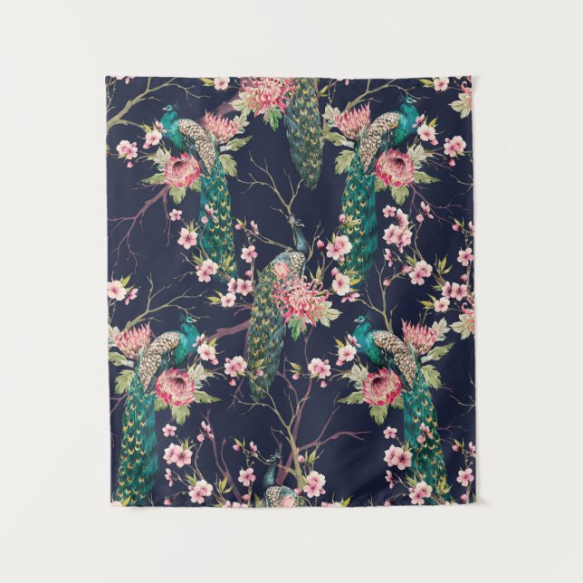 watercolor pattern peacock on a tree cherry,flower tapestry (Front)