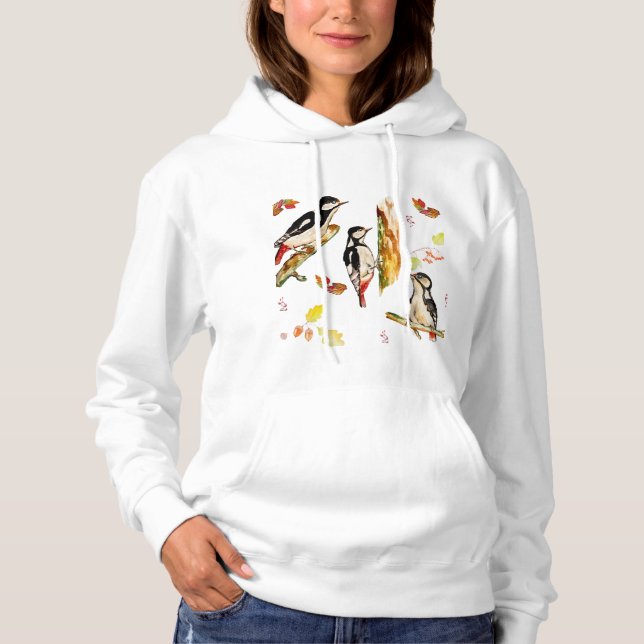 Watercolor pattern with birds woodpecker hoodie (Front)