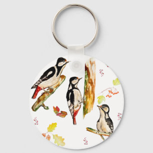 Watercolor pattern with birds woodpecker key ring