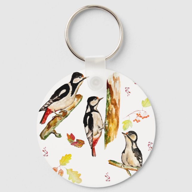 Watercolor pattern with birds woodpecker key ring (Front)