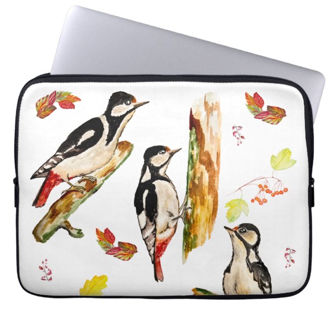 Watercolor pattern with birds woodpecker laptop sleeve (Front)