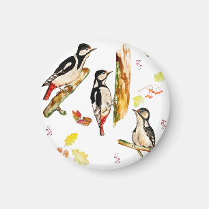 Watercolor pattern with birds woodpecker magnet