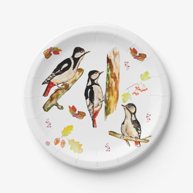 Watercolor pattern with birds woodpecker paper plate (Front)