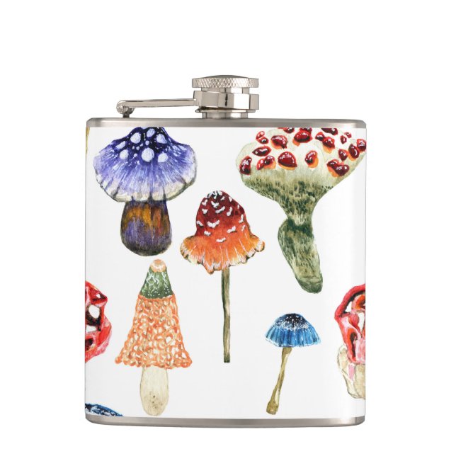 Watercolor pattern with colourful mushrooms hip flask (Front)