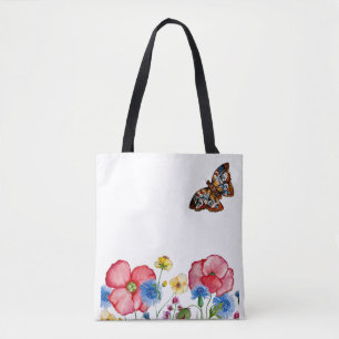 Watercolor pattern with hand-drawn wildflowers tote bag