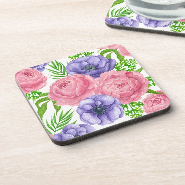 Watercolor pattern with peony and anemone flowers coaster (Left Side)