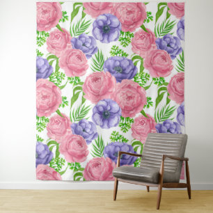 Watercolor pattern with peony and anemone flowers tapestry