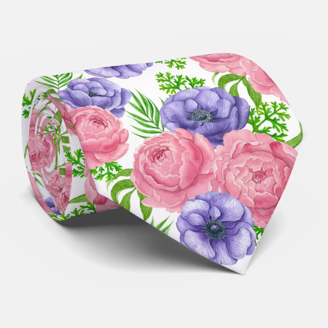 Watercolor pattern with peony and anemone flowers tie (Rolled)