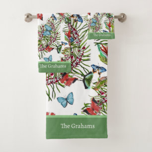 Watercolor Pattern with Tropical Plants Butterfly  Bath Towel Set