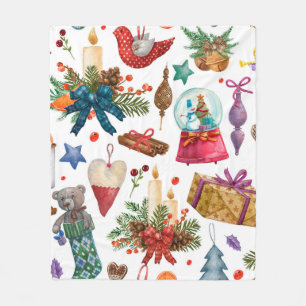 Watercolor Pattern with Vintage Christmas ornament Fleece Blanket