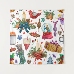 Watercolor Pattern with Vintage Christmas ornament Tapestry