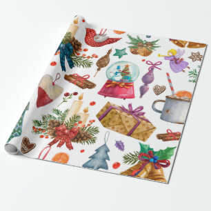 Watercolor Pattern with Vintage Christmas ornament Wrapping Paper