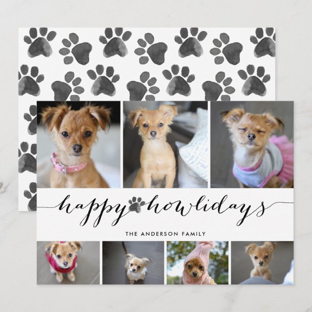 Watercolor Paw Happy Howlidays 7 Photo Pet Holiday Card (Front/Back)