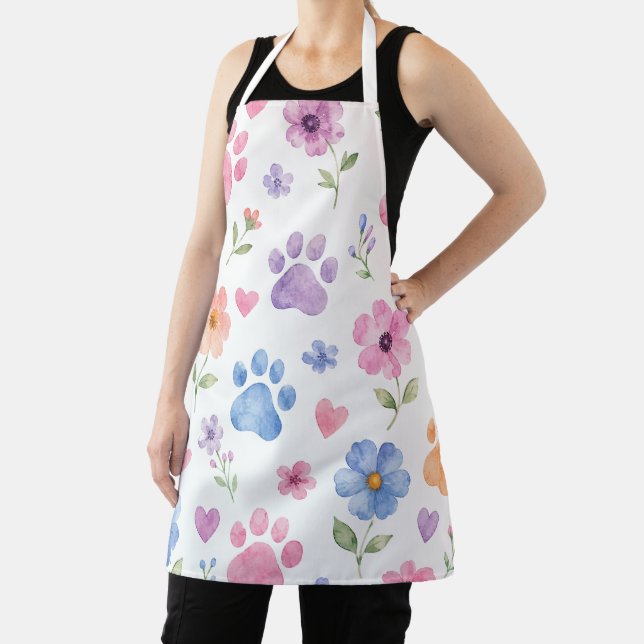 Watercolor Paw Print Floral Apron (Insitu)
