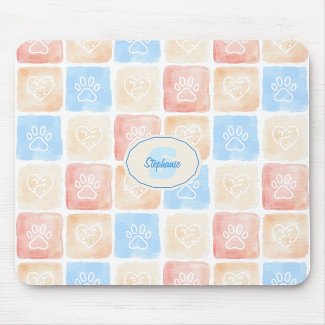 Watercolor Paw Prints & Hearts in Boxes Mouse Pad (Front)