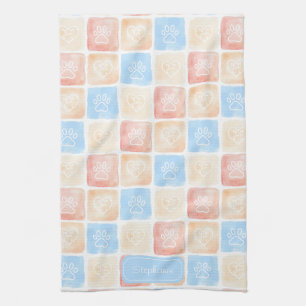 Watercolor Paw Prints & Hearts in Boxes Tea Towel