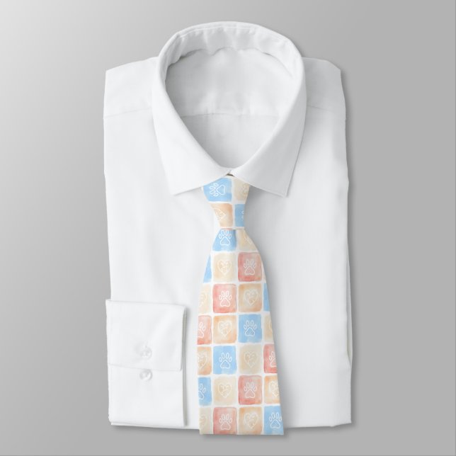 Watercolor Paw Prints & Hearts in Boxes Tie (Tied)
