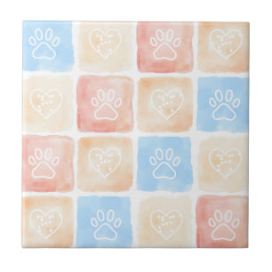 Watercolor Paw Prints & Hearts in Boxes Tile