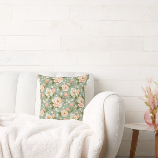 Watercolor Peach and Green Floral Cushion