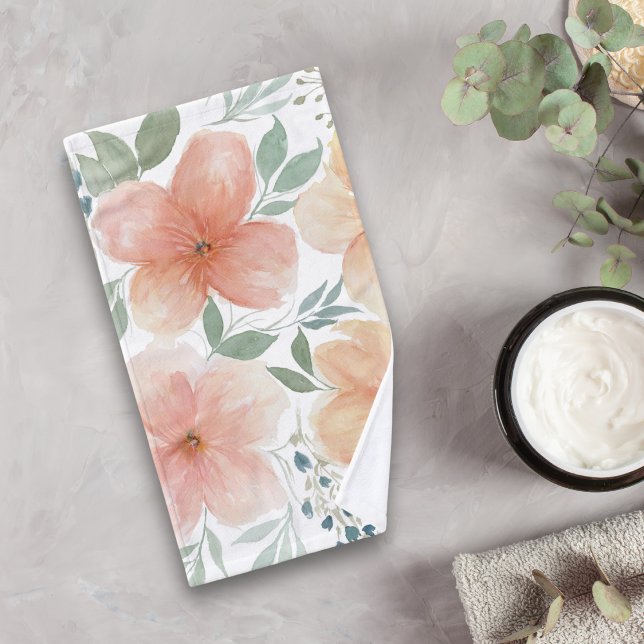 Watercolor Peach and Green Floral   Hand Towel (Creator Uploaded)
