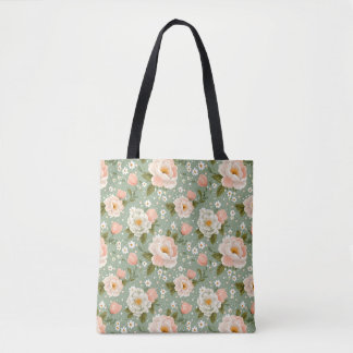 Watercolor Peach and Green Floral Tote Bag
