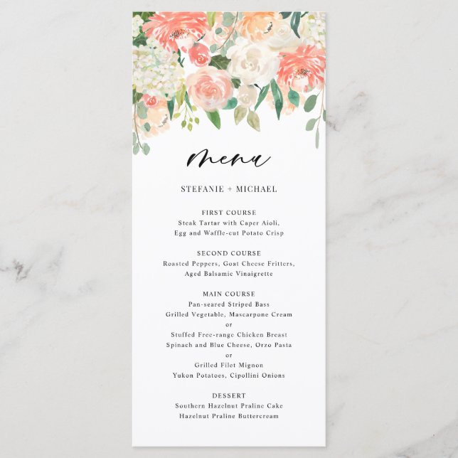 Watercolor Peach and Ivory Flowers Wedding Menu (Front)