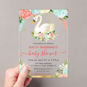 Watercolor Peach and Mint Flowers Swan Baby Shower Acrylic Invitations