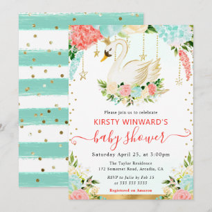 Watercolor Peach and Mint Flowers Swan Baby Shower Invitation