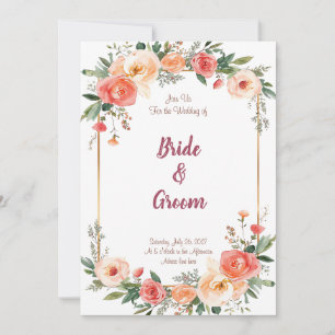 Watercolor Peach Coral Rose Gold Frame Floral Invitation