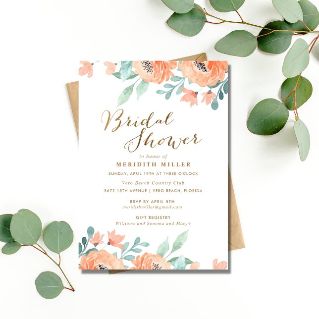Watercolor Peach Floral Bridal Shower Party Invitation (Watercolor Peach Floral Bridal Shower Party Invitation)