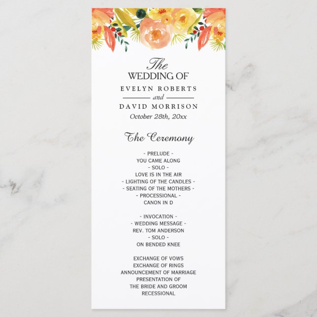 Watercolor Peach Floral Chic Fall Wedding Program Programme (Front)