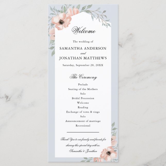 Watercolor Peach Floral Dusty Blue Wedding Program Programme (Front)