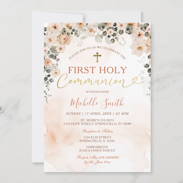 Watercolor Peach Floral Girl First Holy Communion Invitation (Front)