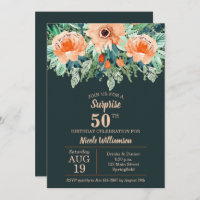 Watercolor Peach Floral on Teal Birthday Invites
