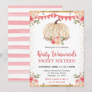 Watercolor Peach Floral Pumpkin Fall Sweet 16 Invitation