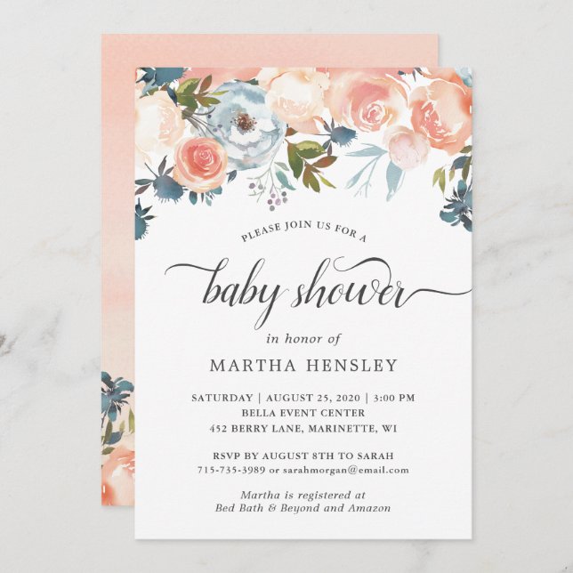 Watercolor Peach Floral Swirl Script Baby Shower Invitation (Front/Back)